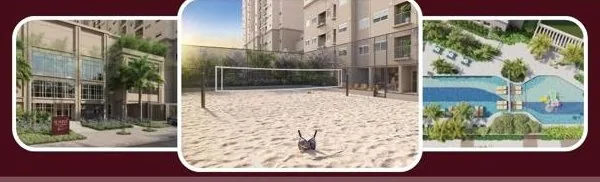 Lazer do Reserva São Caetano Bosque: quadra de areia, piscina e áreas comuns